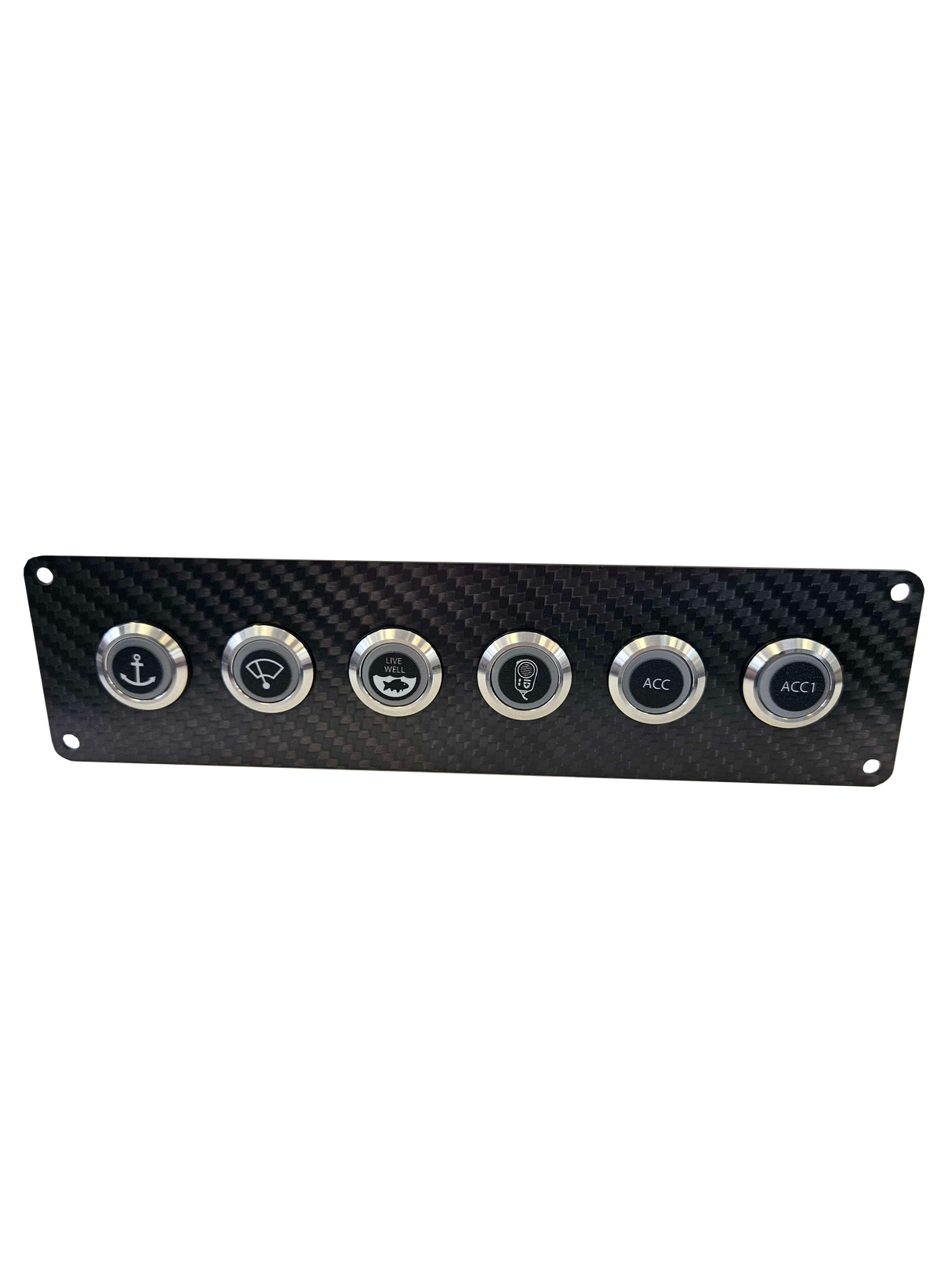 6 gang INLINE carbon fibre switch panel with 20A backlit switches