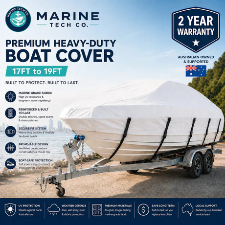 Marine Tech Co - Premium Heavy-Duty Boat Cover (17ft – 19ft) | 2-Year Warranty | White