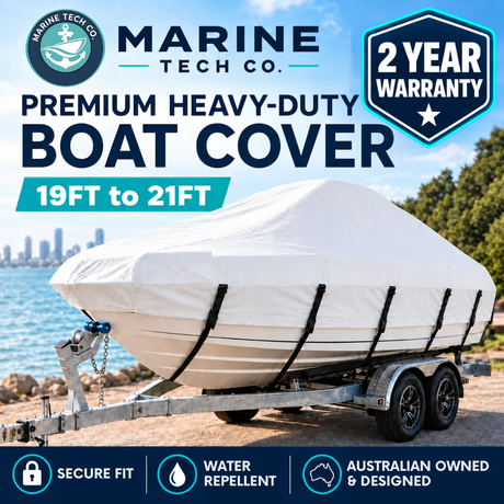 Marine Tech Co - Premium Heavy-Duty Boat Cover (19ft – 21ft) | 2-Year Warranty | White