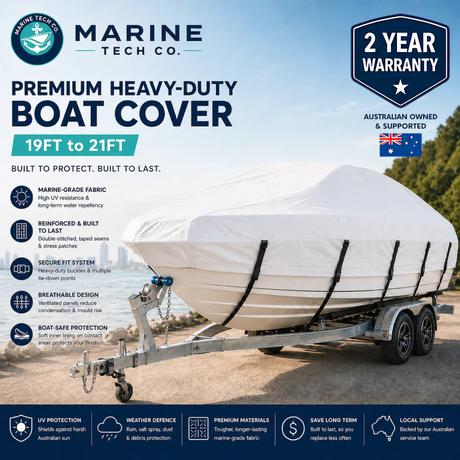 Marine Tech Co - Premium Heavy-Duty Boat Cover (19ft – 21ft) | 2-Year Warranty | White