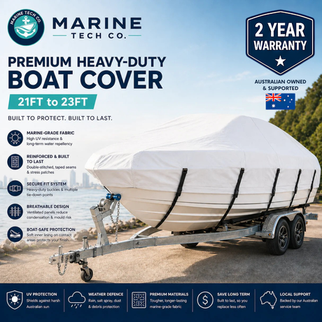 Marine Tech Co - Premium Heavy-Duty Boat Cover (21ft – 23ft) | 2-Year Warranty | White