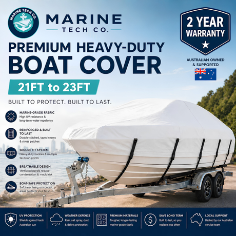 Marine Tech Co - Premium Heavy-Duty Boat Cover (21ft – 23ft) | 2-Year Warranty | White