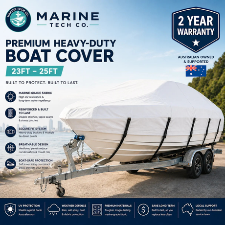 Marine Tech Co - Premium Heavy-Duty Boat Cover (23ft – 25ft) | 2-Year Warranty | White