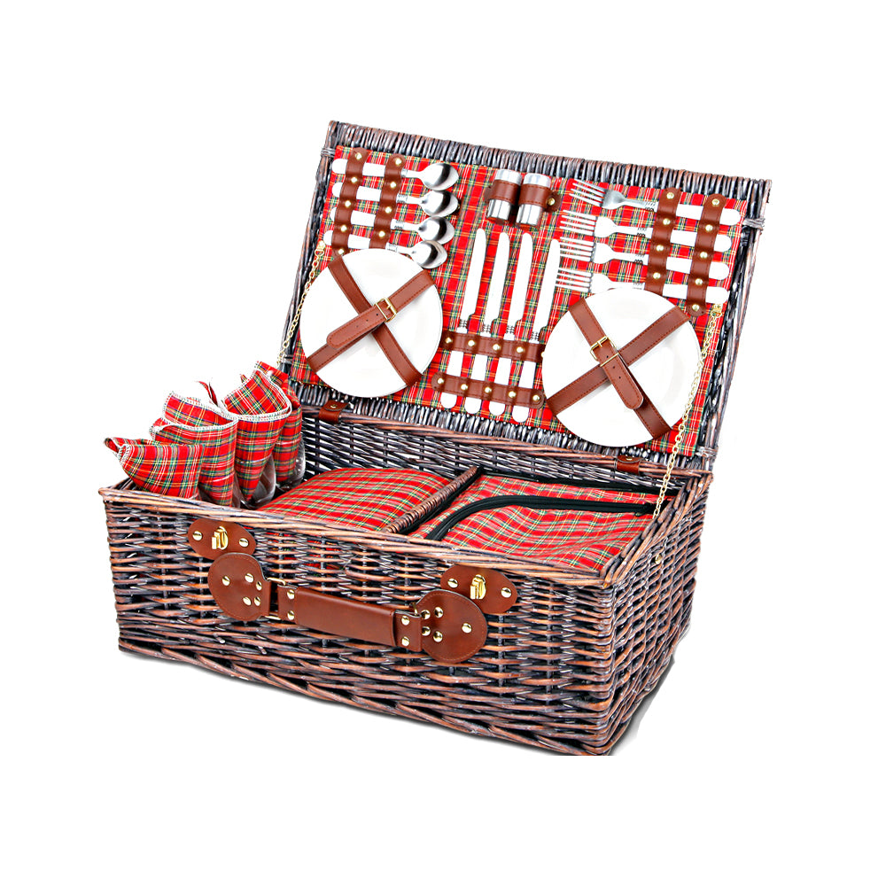 Alfresco 4 Person Picnic Basket Set Insulated Blanket Bag Red