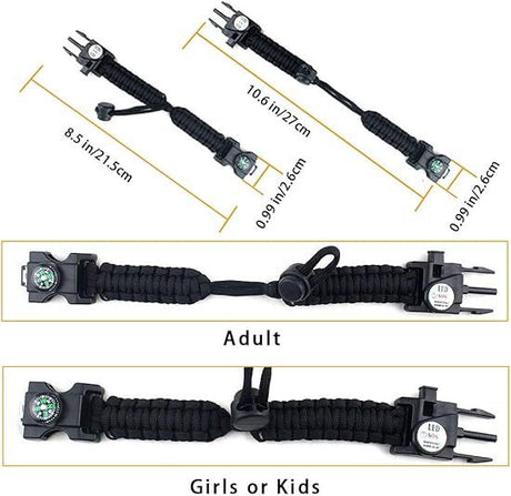 21 in 1 Survival Bracelet, Paracord Emergency Outdoor Sports Wristband Kit Waterproof Compass, SOS LED Light, Thermometer, Rescue Whistle, Fire Starter. Multi 21 Tools (Black 2 Pc)