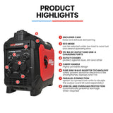 GENPOWER 3.5kW Peak 3kW Enclosed Inverter Generator, 2x15A, 12V, USB, Portable, Compact, Camping, Backup