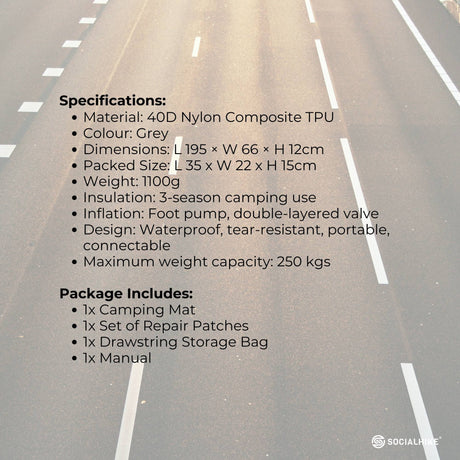 Social Hike Step-Inflating Camping Mattress Lightweight Waterproof Sleeping Grey