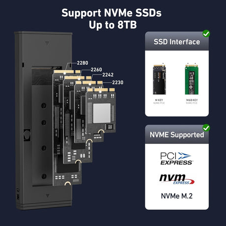 BENFEI M.2 SSD Enclosure USB3.2 Gen2 10 Gbps, Tool-Free for NVME B & M Keys with Size 2230/2242/2260/2280 SSDs