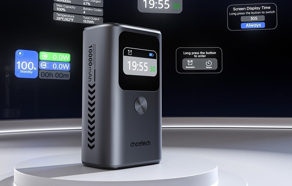 Interface B701 CHOETECH B701-GY 10000mAh PD30W USB-A + USB-C x 2, 3-Port & TFT Displa