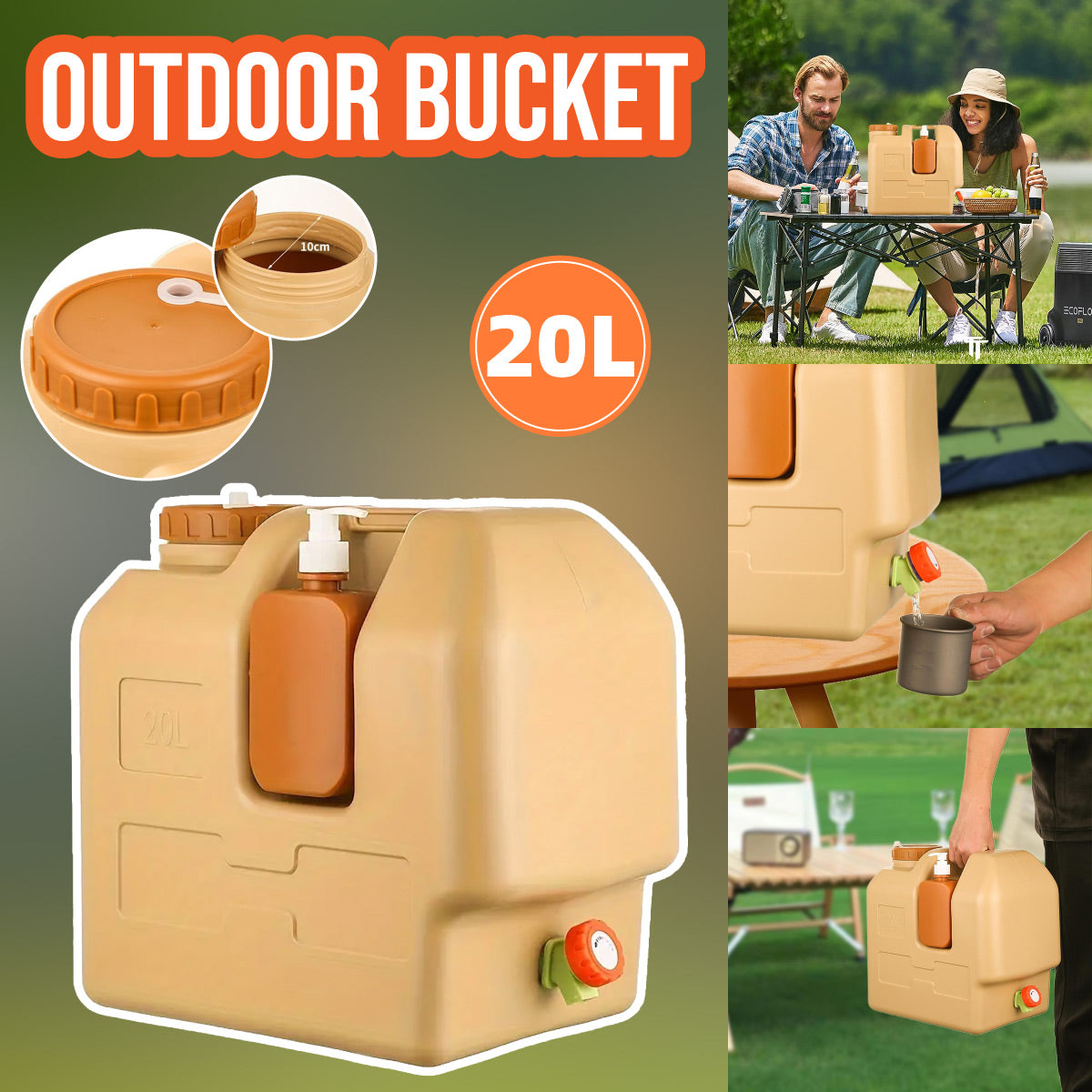 Weatherproof Storage Bucket 20L Outdoor Camping Portable Storage Bucket with Tap Drinking Water Co