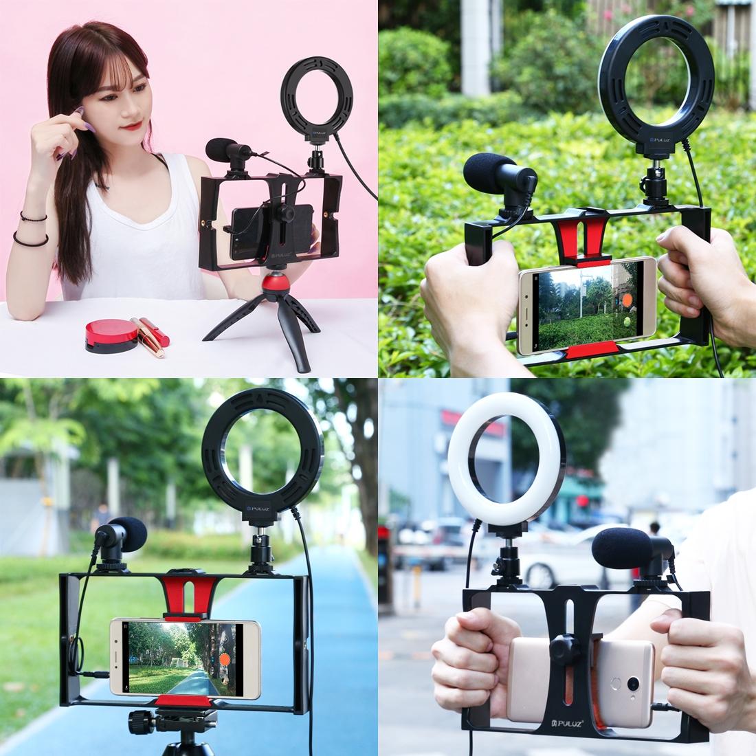 Vlogging Live Broadcast Smartphone Video Rig With 4.7 Inch Ring Led Selfie Light Kit And Cold Shoe Tripod Head - Blue