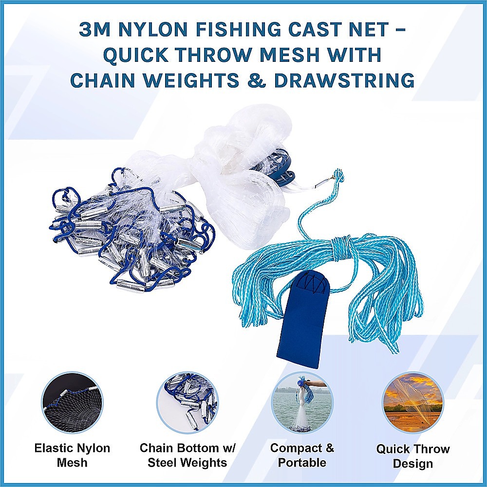3m Nylon Fishing Cast Net â€“ Quick Throw Mesh with Chain Weights & Drawstring