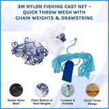 3m Nylon Fishing Cast Net â€“ Quick Throw Mesh with Chain Weights & Drawstring