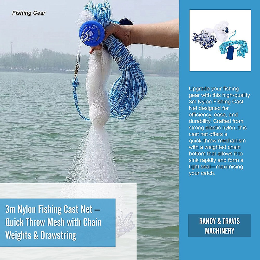 3m Nylon Fishing Cast Net â€“ Quick Throw Mesh with Chain Weights & Drawstring