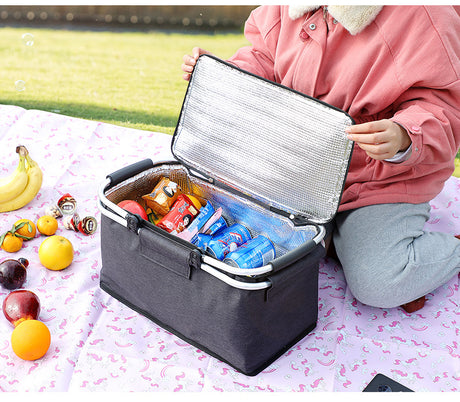 Insulated Picnic Basket with Aluminum Frame - Portable Collapsible Cooler Bag 18L 40*20*23cm(Yellow plaid)