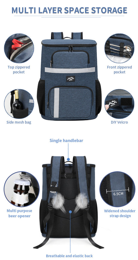 Insulated Cooler Backpack - Portable Outdoor Picnic and Beverage Bag with Bottle Opener (Black)