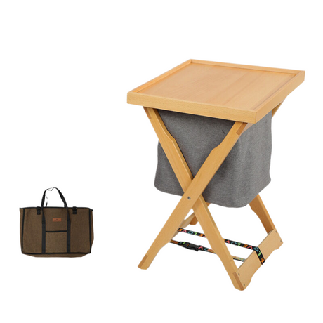 Foldable Wooden Laundry Hamper with Removable Tray and Storage Bag - Natural Wood Finish - Wood Colour