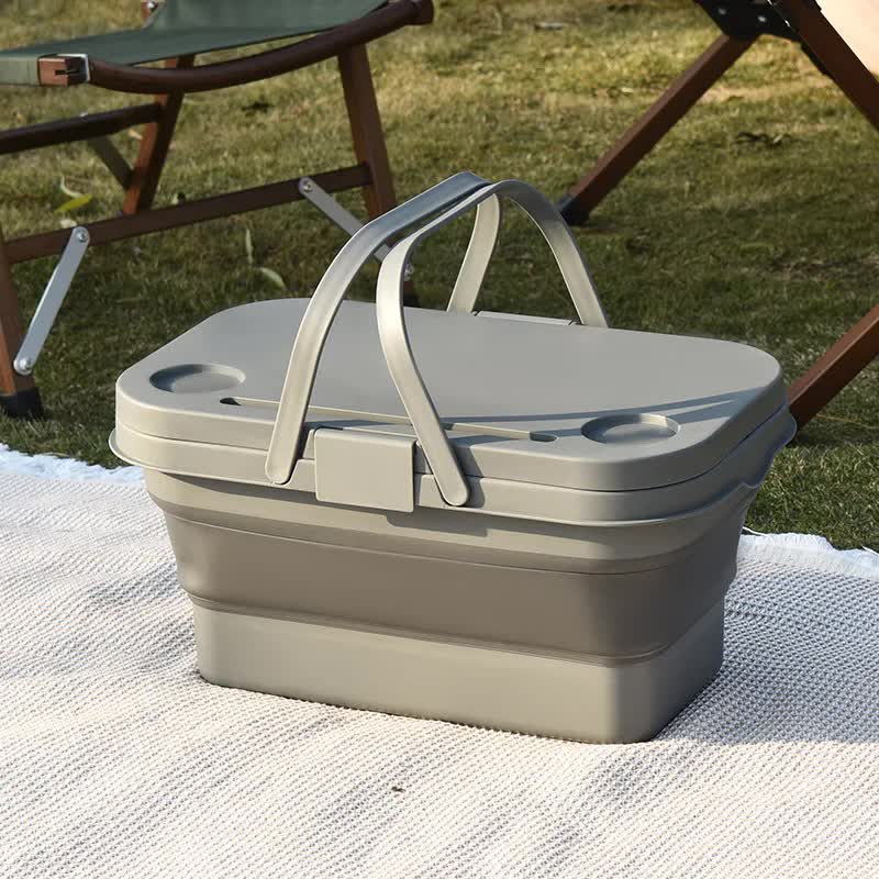 Army Green Foldable Outdoor Picnic Basket with Lid and Tabletop, Camping Storage Box, Car-Friendly Organizer