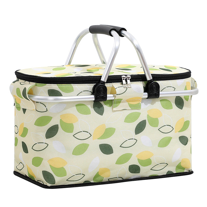 Green Leaves Portable Aluminum Foil Insulated Picnic Basket with Zipper Lid, 40x20x23cm