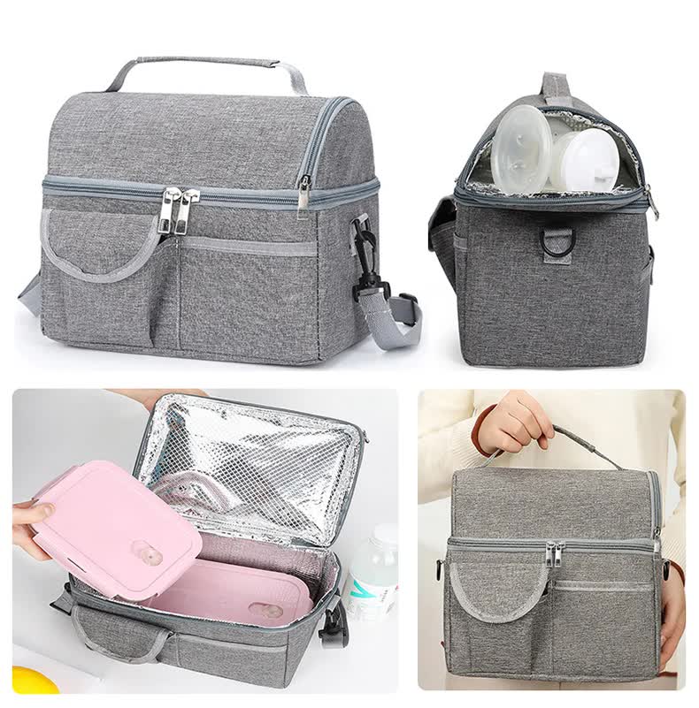 Grey Large Insulated Breast Milk Storage Bag, Dual Layer with Aluminum Foil Lining, Waterproof Oxford Fabric, Portable Handheld Food Container