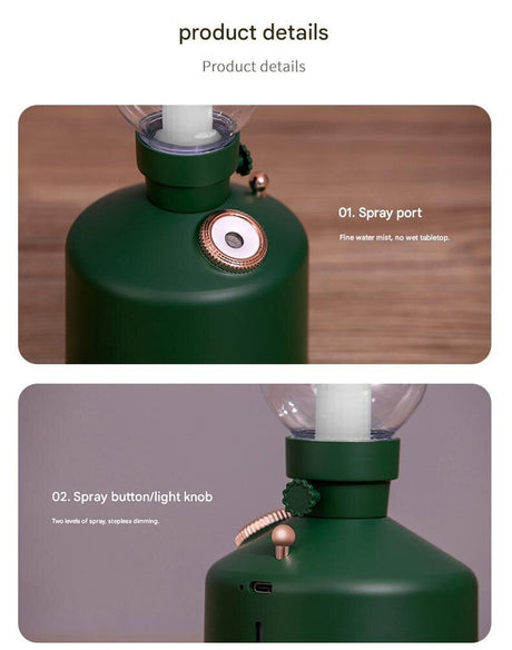 Black Retro Kerosene Lamp Humidifier - Rechargeable Cool Mist Maker with Dimmable Light