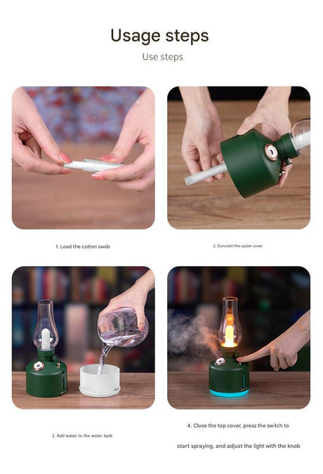 Black Retro Kerosene Lamp Humidifier - Rechargeable Cool Mist Maker with Dimmable Light