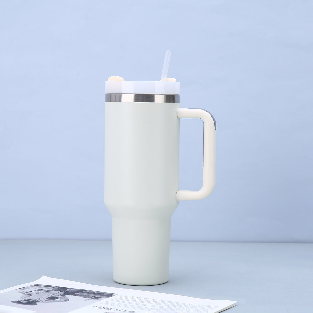White 40oz Stainless Steel Tumbler with Handle & Straw - Large Capacity Insulated Travel Mug