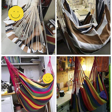 Colorful Striped Hammock Chair with Ropes and Storage Bag - Blue Stripes