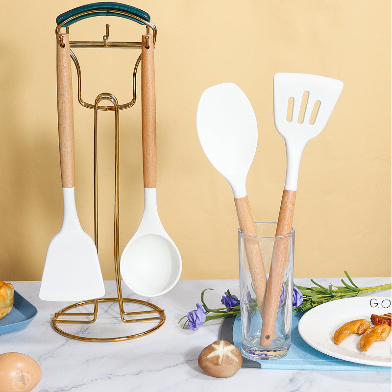 Black 11-Piece Silicone Kitchen Utensil Set with Wooden Handles and Storage Bucket - Heat Resistant and Non-Stick