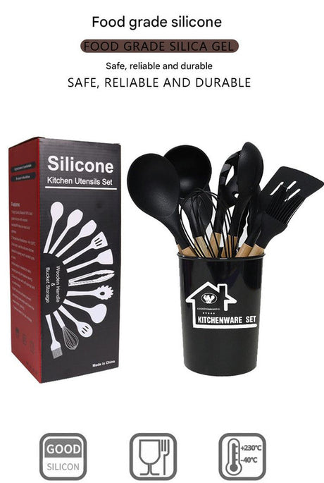 Black 11-Piece Silicone Kitchen Utensil Set with Wooden Handles and Storage Bucket - Heat Resistant and Non-Stick