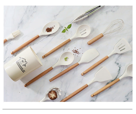 Light Grey 11-Piece Silicone Kitchen Utensil Set with Wooden Handles and Storage Bucket - Heat Resistant and Non-Stick