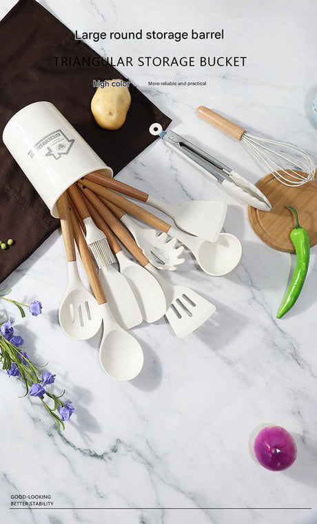 Light Grey 11-Piece Silicone Kitchen Utensil Set with Wooden Handles and Storage Bucket - Heat Resistant and Non-Stick
