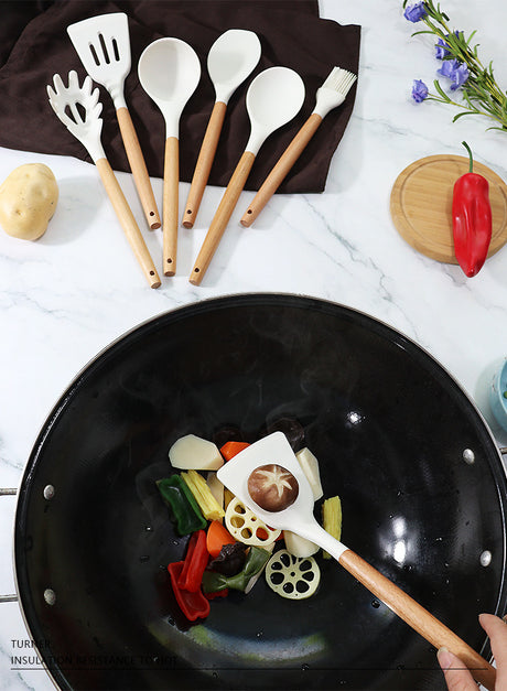 Light Grey 11-Piece Silicone Kitchen Utensil Set with Wooden Handles and Storage Bucket - Heat Resistant and Non-Stick