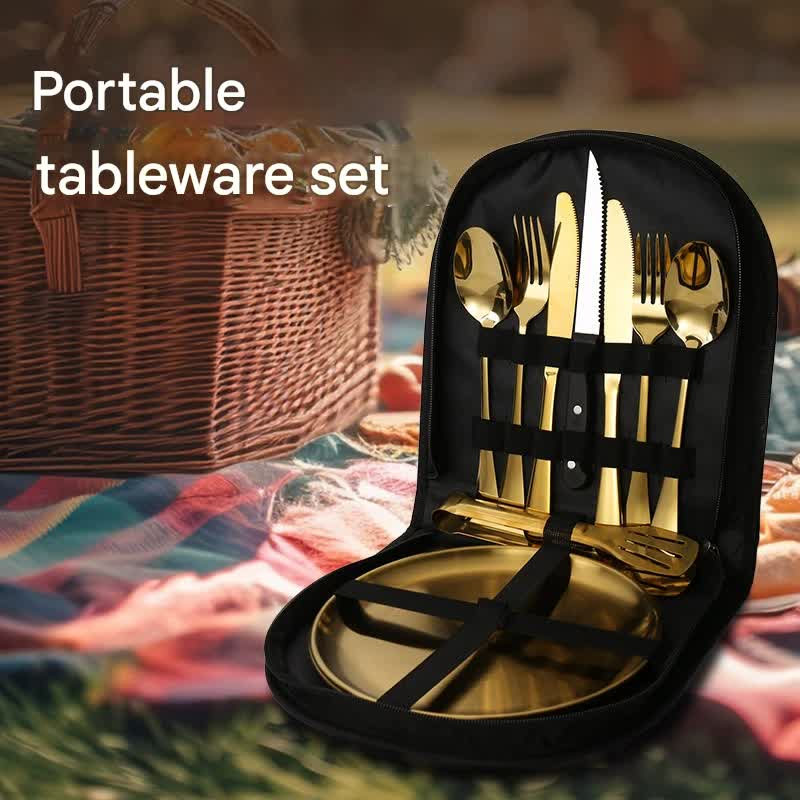 6-Piece Portable Stainless Steel Cutlery Set with Plate and Bag - Silver, Great for Camping and Travel (Chopsticks)