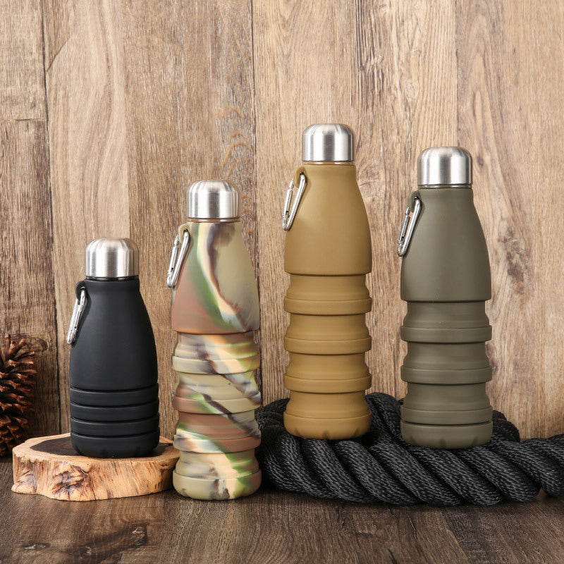Camouflage Green Collapsible Silicone Water Bottle - Portable Sports Hydration Flask with Carabiner, 550ml/300ml