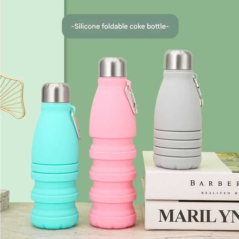 Camouflage Green Collapsible Silicone Water Bottle - Portable Sports Hydration Flask with Carabiner, 550ml/300ml
