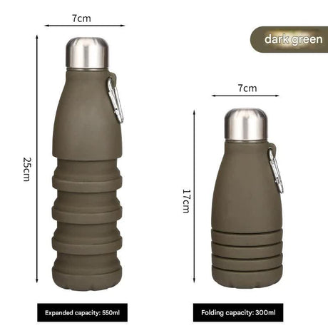 Dark green Collapsible Silicone Water Bottle - Portable Sports Hydration Flask with Carabiner, 550ml/300ml