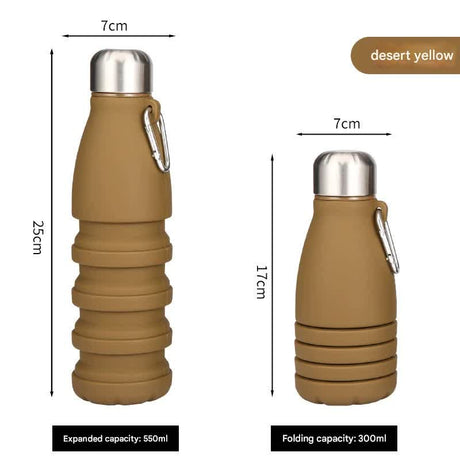 Desert yellow Collapsible Silicone Water Bottle - Portable Sports Hydration Flask with Carabiner, 550ml/300ml