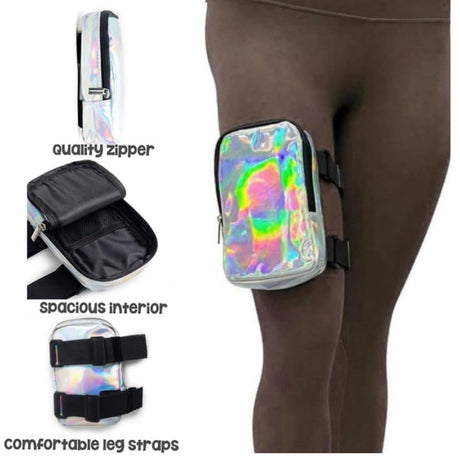 Black Shiny Holographic Thigh Holster Bag - Hands-Free Festival & Hiking Gear