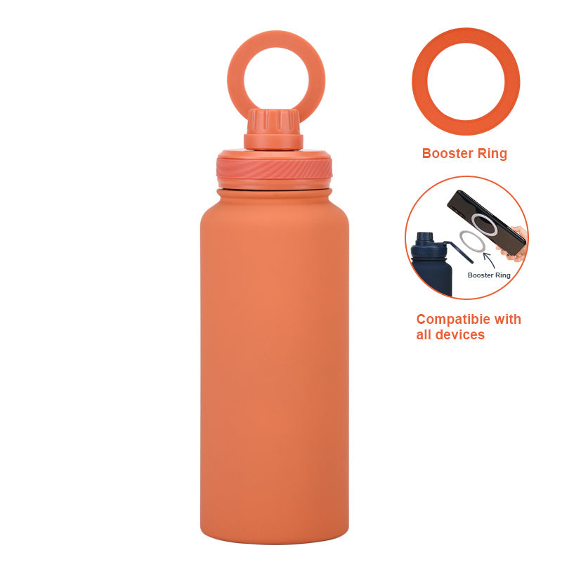 Orange 1L Stainless Steel Water Bottle with Magnetic Phone Holder Lid - Portable Hydration & Hands-Free Stand