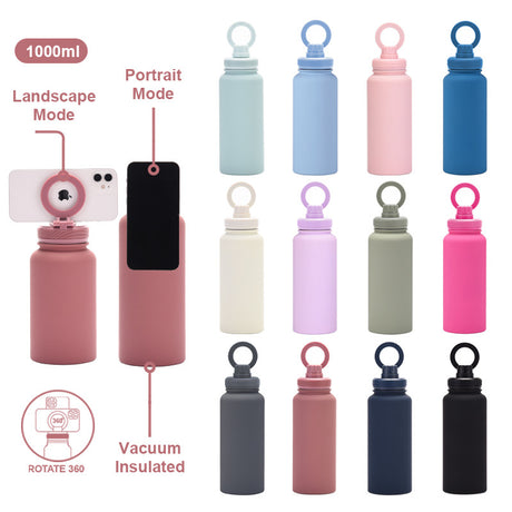 Purple 1L Stainless Steel Water Bottle with Magnetic Phone Holder Lid - Portable Hydration & Hands-Free Stand