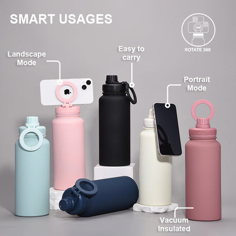 Light Pink 1L Stainless Steel Water Bottle with Magnetic Phone Holder Lid - Portable Hydration & Hands-Free Stand