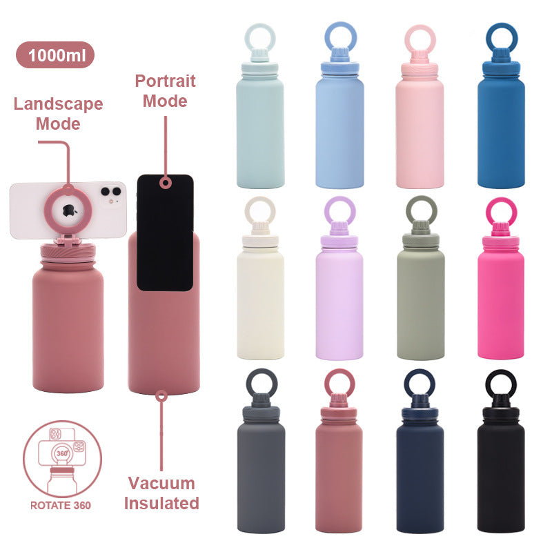 Light Pink 1L Stainless Steel Water Bottle with Magnetic Phone Holder Lid - Portable Hydration & Hands-Free Stand