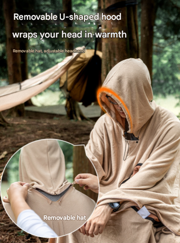 Khaki Cozy 4-in-1 Wearable Fleece Poncho Sleeping Bag - Multifunctional Camping Blanket with Detachable Hood