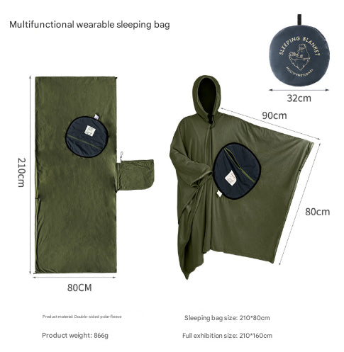 Green Cozy 4-in-1 Wearable Fleece Poncho Sleeping Bag - Multifunctional Camping Blanket with Detachable Hood
