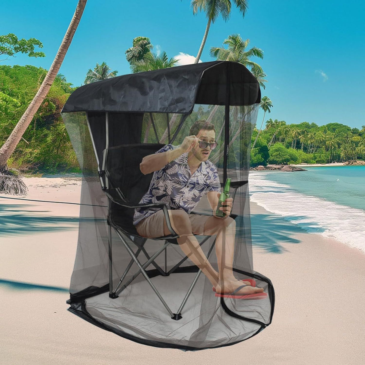 Portable Outdoor Chair Cover with Mosquito Net & Sun Canopy - UV & Water-Resistant Shelter for Camping & Fishing(black 155*125*205CM)(not including stand)