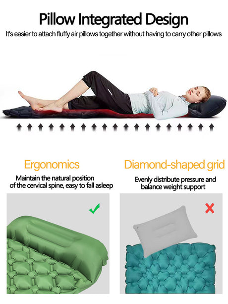 2pc Ultralight Inflatable Camping Sleeping Mat with Integrated Pillow - Waterproof 40D Nylon TPU(Grey)