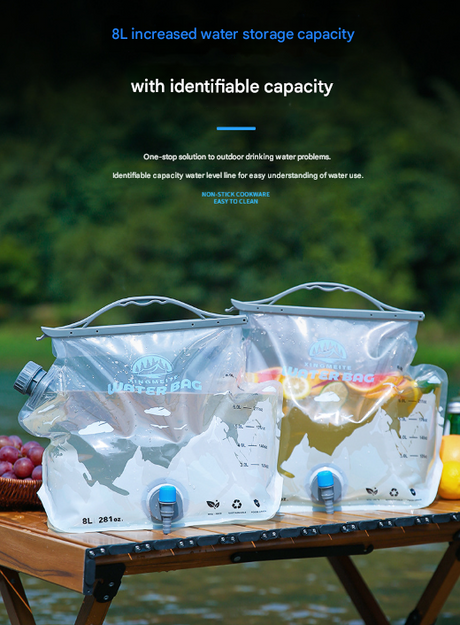 1 Piece Grey 8L Foldable Water Bag - Large Capacity Portable Water Carrier with Spigot for Camping & Outdoors