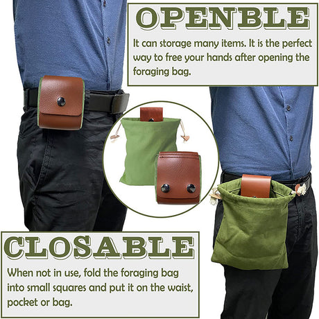 Green Collapsible Canvas Foraging Pouch - Hands-Free Belt Bag for Hiking & Camping Activities