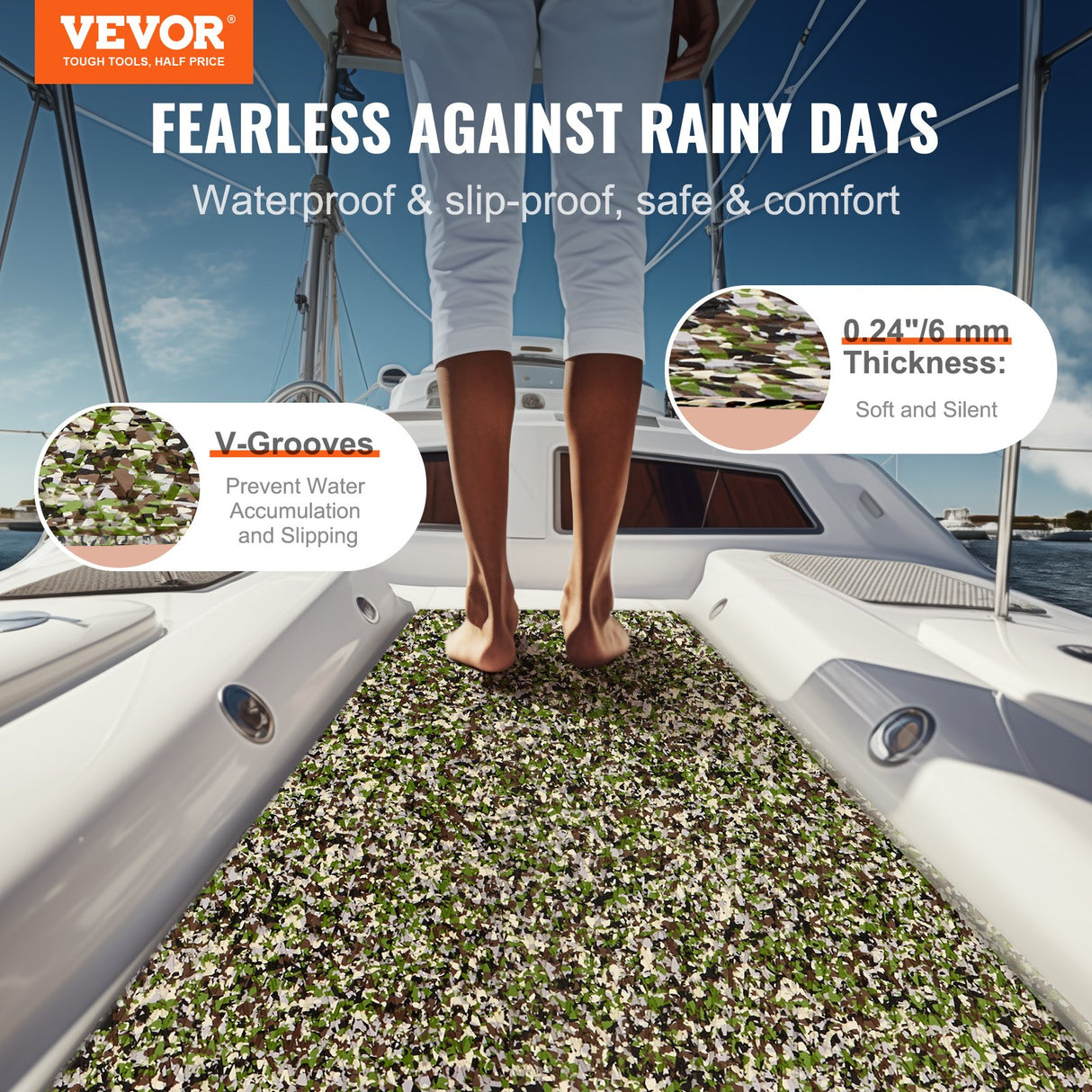 VEVOR EVA Boat Decking: 94.5" × 35.4" (2400 × 899 mm), 6 mm Self-Adhesive Non-Slip Marine Flooring  23.2 sq.ft (2.16 m²)